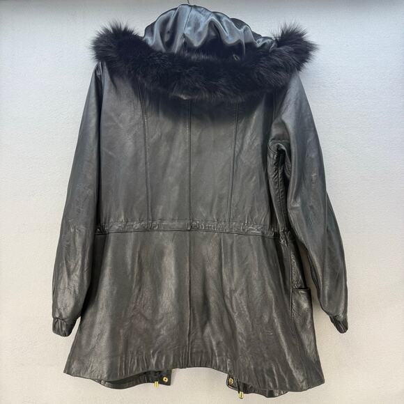 Worthington Leather Parka Women's L Black Lamb Skin Dyed Fox Fur Trim Hood EUC - Picture 2 of 14